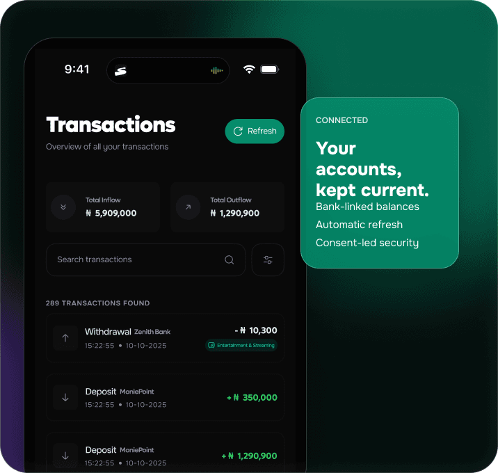 Spendek transactions screen with a connected account status powered by Mono