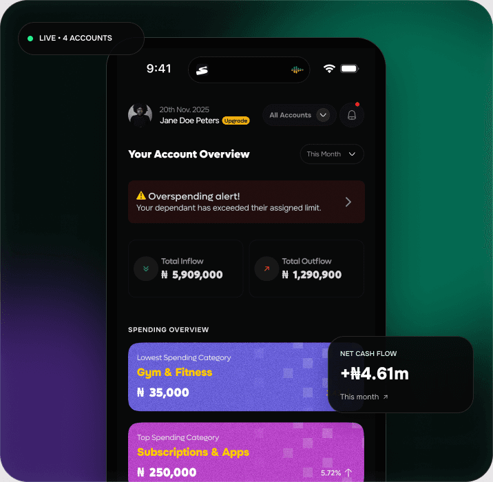 Spendek dashboard showing linked accounts, cash flow, alerts and envelope progress